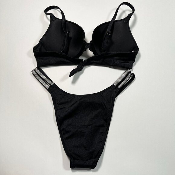 Victoria Secret 34C M VERY SEXY Push Up Bikini Top Bottom Set Shine Strap Black - Picture 4 of 9
